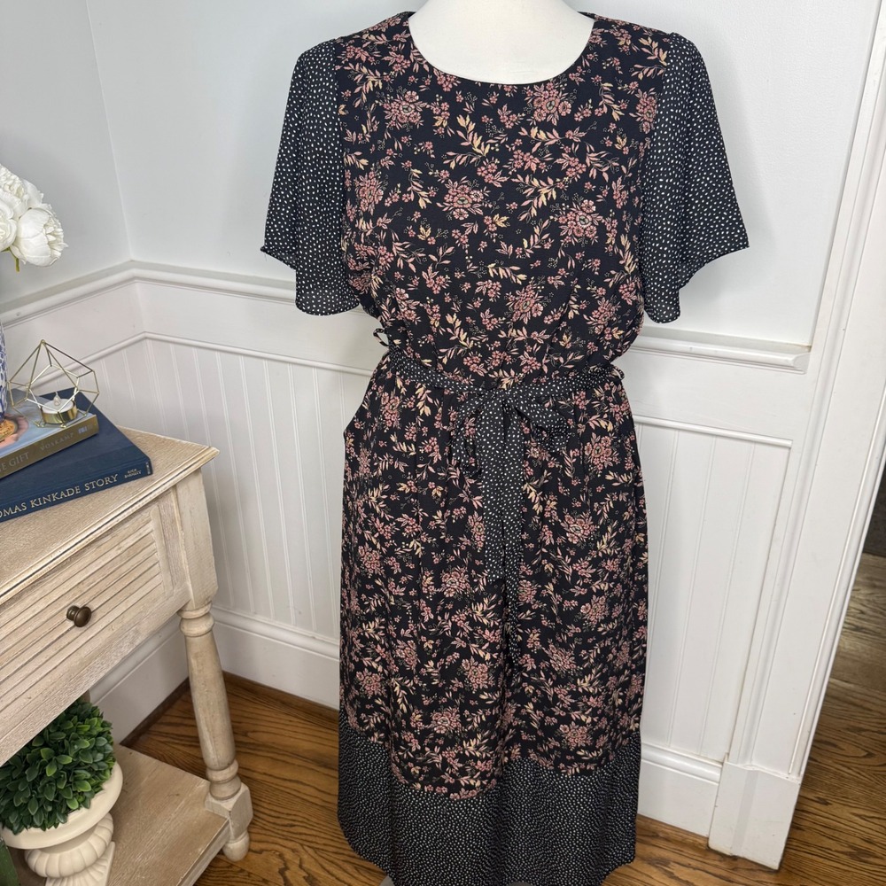 Roolee Womens Mixed Floral Polka Dot Midi Dress Black Pink Short Sleeve Medium